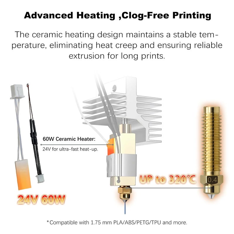 Wefuit for Elegoo Centauri Carbon/Centauri Carbon 2 hotend, pre-Installed 0.4mm Hardened Steel Brass Nozzle, Heat Sink Installed, with 0.2mm, 0.4mm, 0.6mm, 0.8mm Nozzle, Silicone Sock and Nozzle Wipe - Image 3